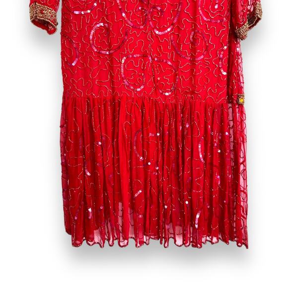 Vintage Gold Star Red 100% Silk Fully Beaded Midi Length Dress Women's Size S - Picture 8 of 15